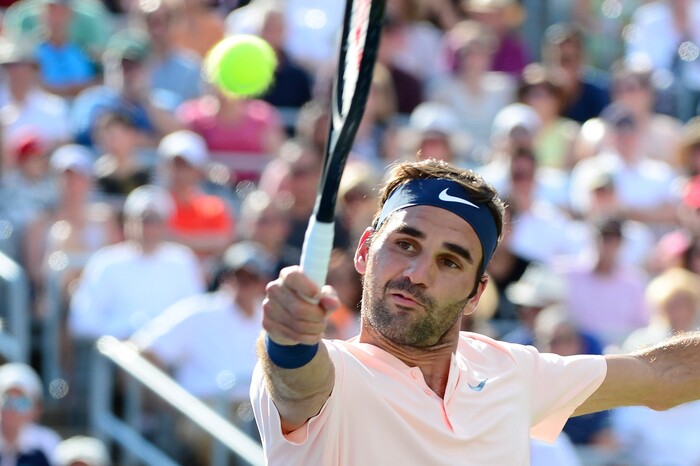 Roger Federer, of Switzerland, hits a backhand to Alexander Zverev, of Germany, during the final of the Rogers Cup tennis tournament Sunday, Aug. 13, 201, in Montreal. (Paul Chiasson/The Canadian Press via AP)