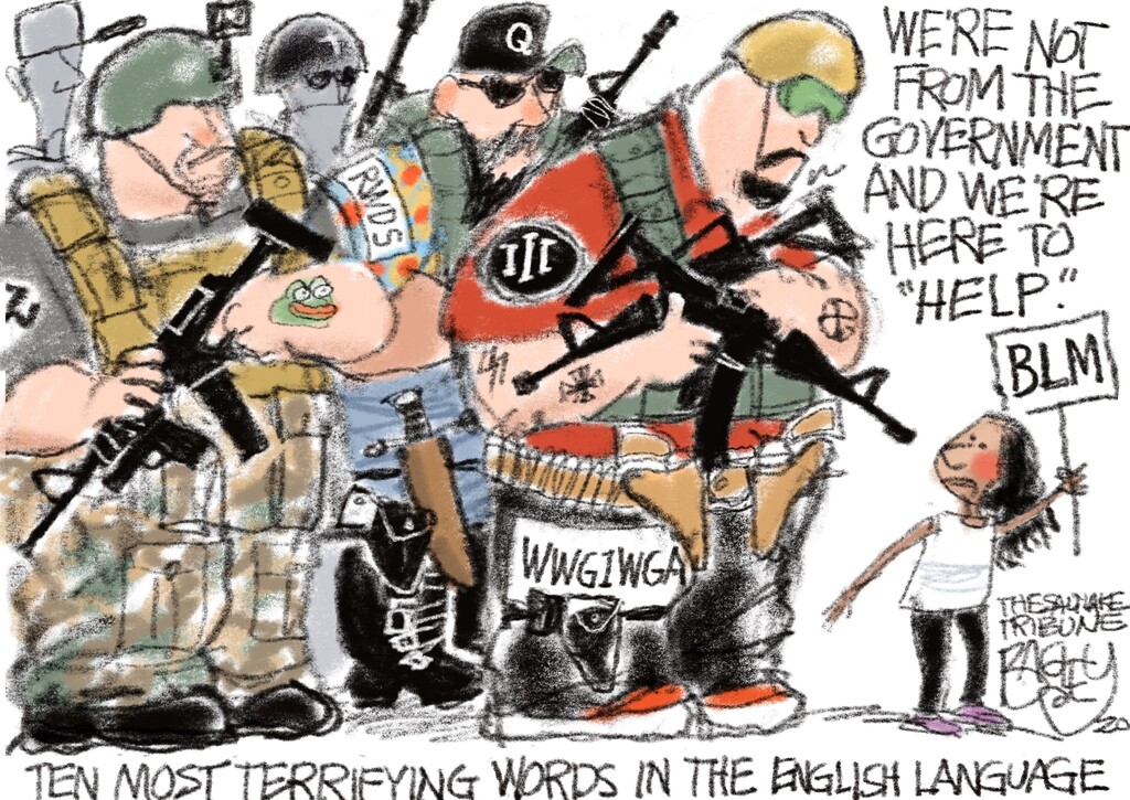 (Pat Bagley | The Salt Lake Tribune) This cartoon, titled "Looking for Trouble," appears in The Salt Lake Tribune on Sunday, Sept. 27, 2020.