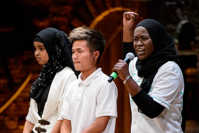 (Trent Nelson | The Salt Lake Tribune)
Students in the Hamilton Education Project, or EduHam, perform for the cast of "Hamilton," at the Eccles Theater in Salt Lake City, Friday May 4, 2018. ZamZam Ahmed (left), Klo Plah Hset (center) and Ramla Osman of Utah International Charter School.