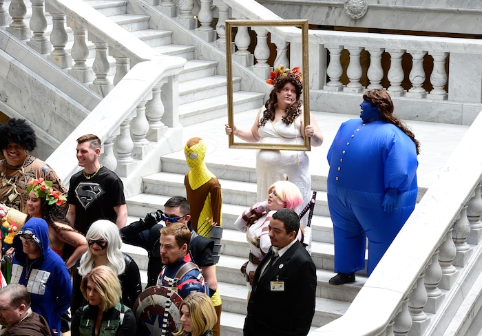 (Scott Sommerdorf | The Salt Lake Tribune) Cosplayers pose for a group photo on the steps inside the Utah State Capitol, Wednesday, April 11, 2018.