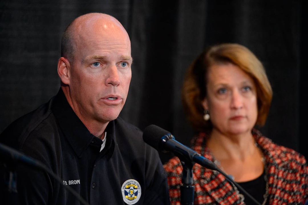 (Trent Nelson | The Salt Lake Tribune)  University of Utah Police Chief Dale Brophy and President Ruth Watkins at a press conference regarding the killing of University of Utah student athlete Lauren McCluskey, in Salt Lake City, Thursday Oct. 25, 2018.