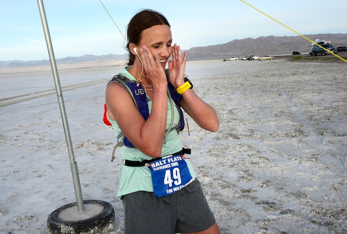 (Scott Sommerdorf | The Salt Lake Tribune)
Melissa Soper reacts after crossing the finish line at the Salt Flats 100 Endurance Run, Saturday, May 5, 2018. Soper was the first woman to finish the race. She finished 9th overall.
