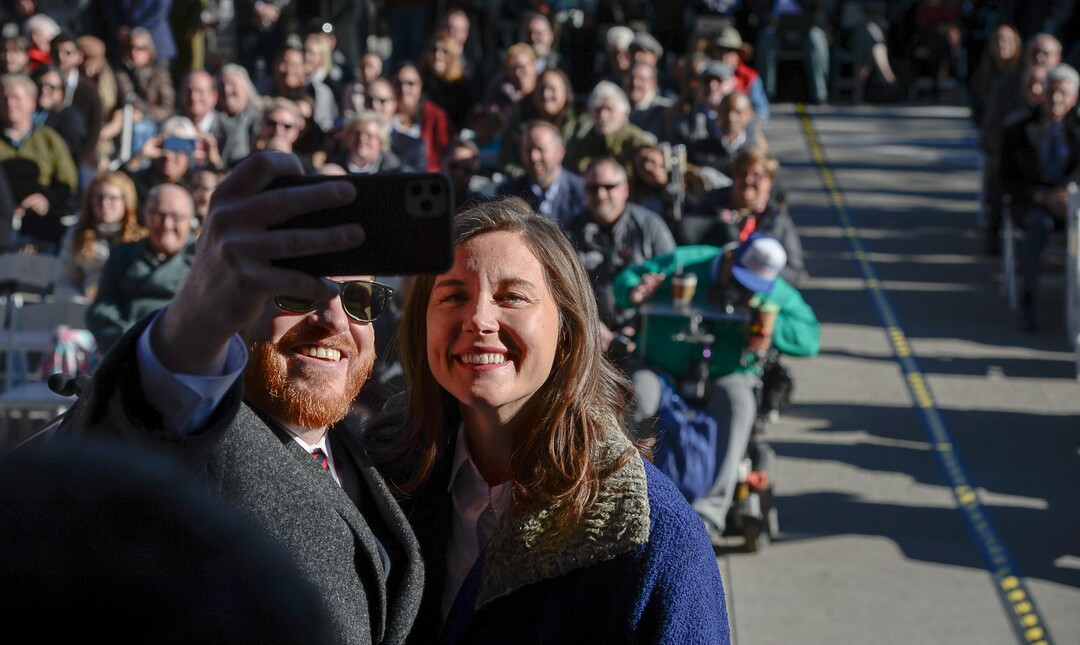 (Francisco Kjolseth  |  The Salt Lake Tribune) Council member James Rogers takes a selfie during the swearing of Mayor Erin Mendenhall as part of inauguration ceremonies at Salt Lake City Hall on Monday, Jan. 6, 2020.