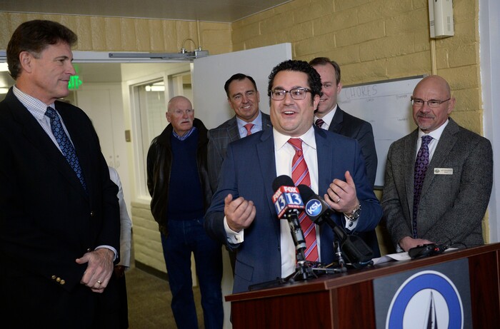 (Al Hartmann | The Salt Lake Tribune)
Adam Cohen, CEO of Odyssey House, speaks at opening of a new Odyssey House 83-bed treatment facility on Thursday, Jan. 11 at 3944 S. 400 E. in Millcreek. From left back row: Rep. James Dunnigan, Speaker of the House Greg Hughes, Salt Lake County Mayor Ben McAdams and Milcreek Mayor Jeff Silvestrini.