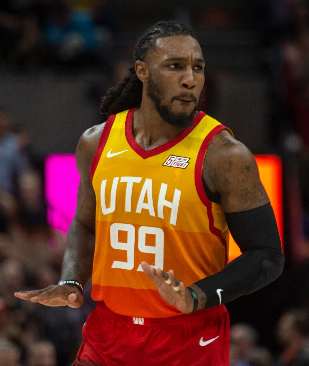 (Rick Egan  |  The Salt Lake Tribune)    Utah Jazz forward Jae Crowder (99) reacts after sinking a 3-point shot, in NBA action between Utah Jazz and Golden State Warriors, in Salt Lake City, Wednesday, Dec. 19, 2018.