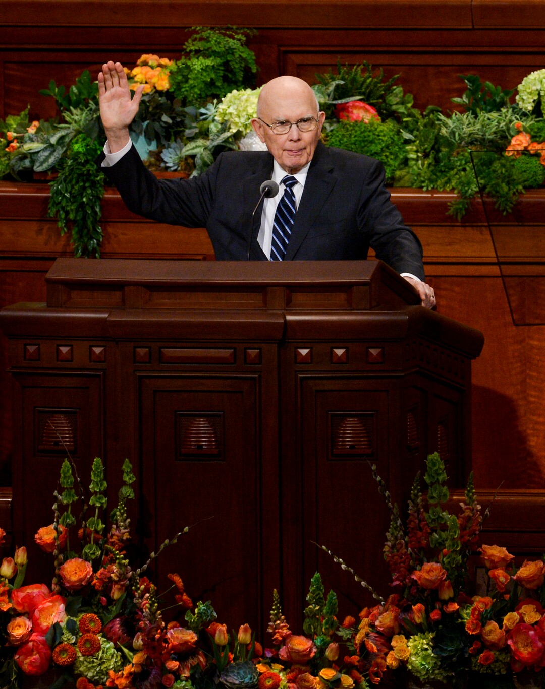 Leah Hogsten  |  The Salt Lake Tribune  President Dallin H. Oaks gives his sustaining vote for new leadership during 189th Annual General Conference of The Church of Jesus Christ of Latter-day Saints, April 6, 2019 in Salt Lake City.  Ten new general authority Seventies were named, including Peter M. Johnson, an African American born in New York, Benjamin M. Z. Tai, who was born in Hong Kong, and four leaders who were born in Latin America. during 189th Annual General Conference of The Church of Jesus Christ of Latter-day Saints, April 6, 2019 in Salt Lake City. 