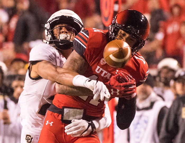 (Rick Egan  |  The Salt Lake Tribune)  Colorado Buffaloes defensive back Isaiah Oliver (26) breaks up a pass intended for Utah Utes wide receiver Raeloe Singleton (11) in PAC-12 football action Utah Utes vs.Colorado Buffaloes at Rice-Eccles stadium, Saturday, November 25, 2017.