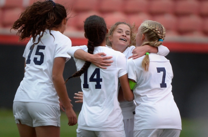 (Scott Sommerdorf | The Salt Lake Tribune)
Syracuse's Caroline Stringfellow celebrates with team mates after her goal gave them first half 1-0 lead. American Fork came back in the second half to beat Syracuse 3-1 to win the 6A championship game played at Rio Tinto, Friday, October 20, 2017.