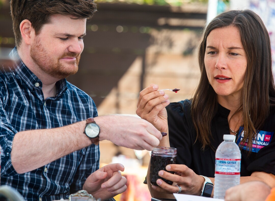 (Rick Egan  |  The Salt Lake Tribune)      Salt Lake City Mayor candidate Erin Mendenhall and Chris Wharton sample some jam, as they judge the jam competition at the Marmalade Jam Fest, Saturday, Sept. 21, 2019.