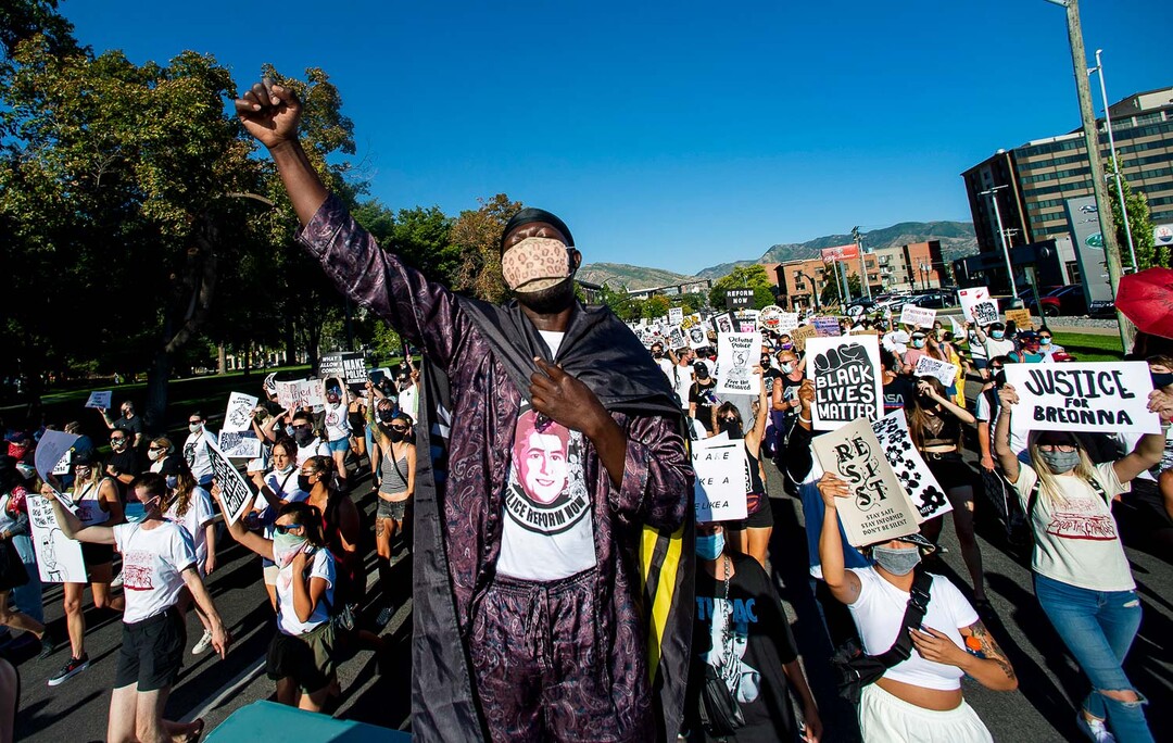 (Rick Egan  |  The Salt Lake Tribune)  Hundreds of protesters dance in the streets in downtown Salt Lake City, during the Dance Dance for Revolution protest for racial equality, on Sunday, Aug. 9, 2020.