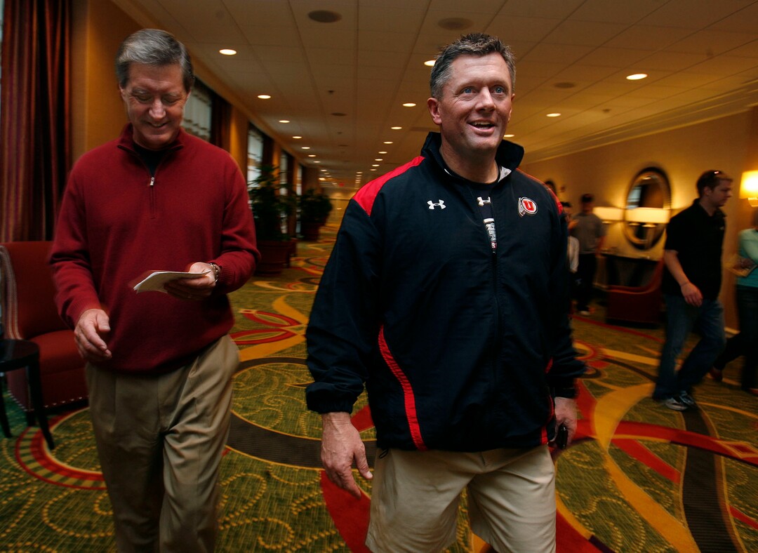 (Scott Sommerdorf  |  Tribune File Photo)  University of Utah athletic director Chris Hill (left) and Utah head football coach Kyle Whittingham walk to the podium together to announce the new contract extinction for Whittingham on Monday December 29, 2008. The terms of the deal were announced as 6 million over 5 years.