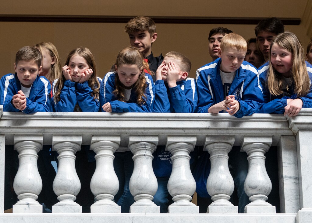 (Rick Egan | The Salt Lake Tribune) Charter school students listen as Gov. Spencer Cox speaks to a crowd from 40 charter schools, at the Capitol for Charter Day on the Hill, on Monday, Jan. 23, 2023.