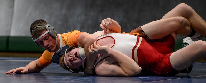 (Steve Griffin  |  The Salt Lake Tribune) Tyler Haley, of Canyon View, gets points for a near fall during match against Taylor Money, of Viewmont, during the All-Star Duals wrestling at Utah Valley University's UCCU Center in Orem Tuesday January 9, 2018.