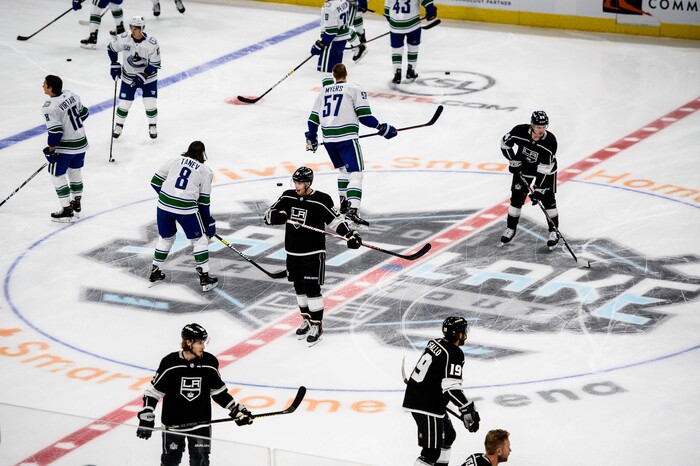 (Trent Nelson  |  The Salt Lake Tribune)  Players warm up as the Los Angeles Kings face the Vancouver Canucks, NHL hocket in Salt Lake City on Saturday Sept. 21, 2019.