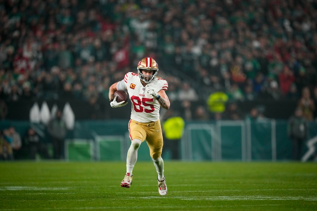 (Matt Slocum | AP) San Francisco 49ers tight end George Kittle runs free after making a catch against the Philadelphia Eagles during the first half of an NFL football game, Sunday, Dec. 3, 2023, in Philadelphia.
