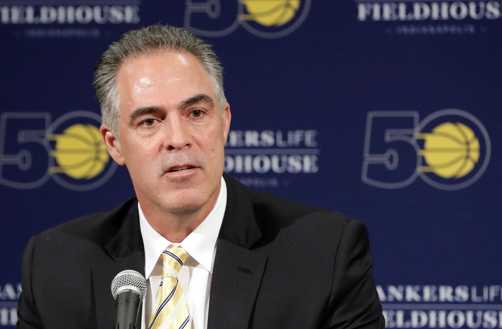 FILE - In this Monday, May 1, 2017 file photo, Kevin Pritchard speaks during an NBA basketball news conference in Indianapolis, after Larry Bird resigned from his position as Indiana Pacers team president of basketball operations. Pritchard is assuming Bird's position. Pritchard will improve his new team the only way he knows how, and maybe with more resources than Bird had during his two tenures running the team.  (AP Photo/Darron Cummings, File-