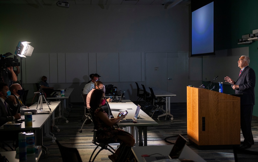 (Rick Egan  |  Tribune file photo)   Salt Lake County District Attorney Sim Gill describes the details of the shooting of Bernardo Palacios-Carbajal during a news conference on Thursday, July 9, 2020.