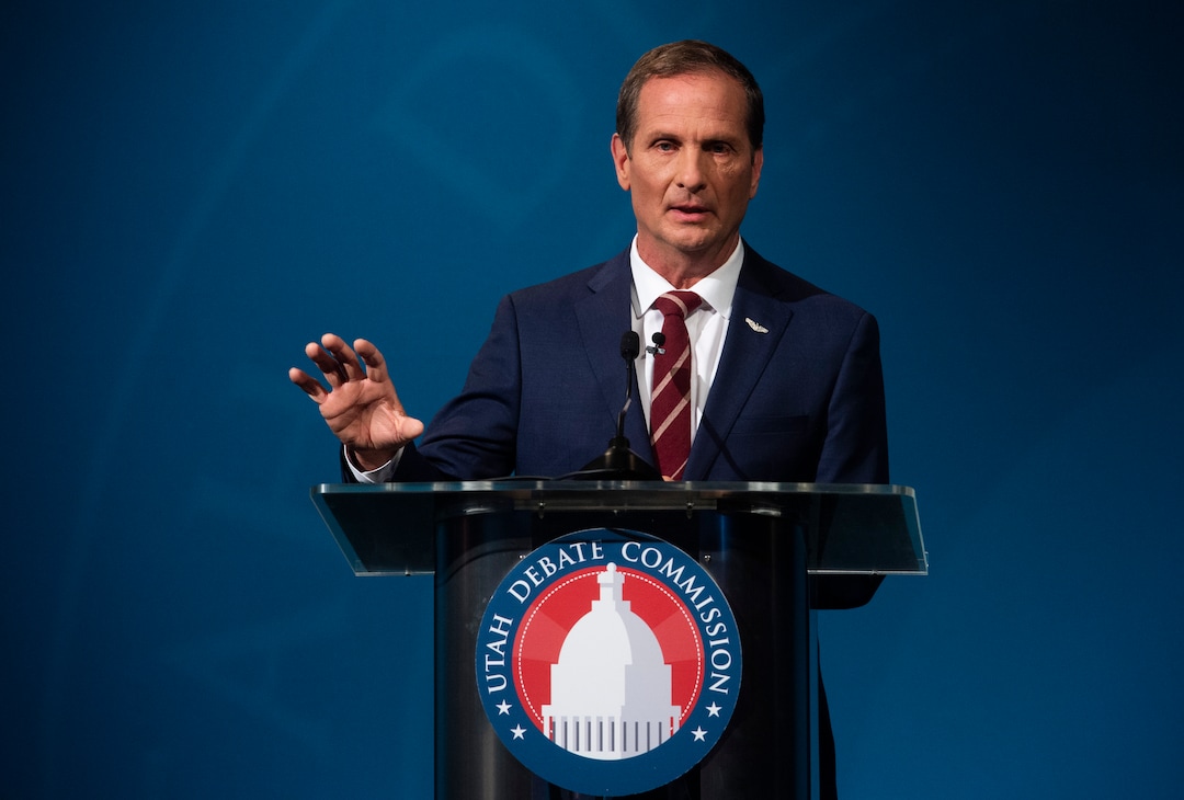 (Rick Egan  |  The Salt Lake Tribune)   Chris Stewart (R) speaks during the 2nd Congressional District debate between J. Robert Latham (L), Chris Stewart (R) and Kael Weston (D), at KSL Studio in Salt Lake City, on Monday, October 19, 2020