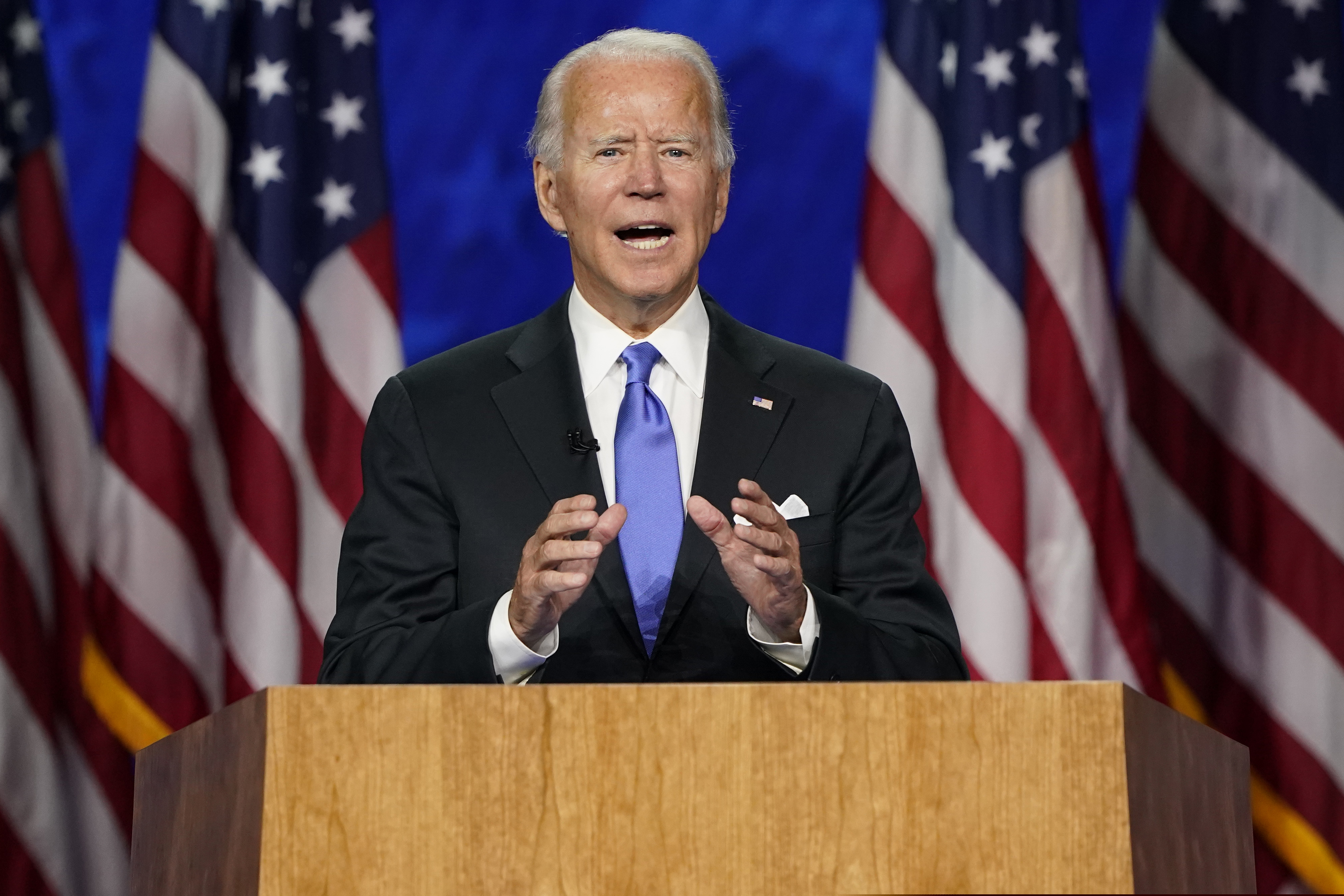 (Andrew Harnik | The Associated Press) Democratic presidential candidate former Vice President Joe Biden speaks during the fourth day of the Democratic National Convention, Thursday, Aug. 20, 2020, at the Chase Center in Wilmington, Del.