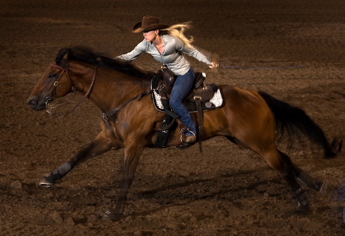 (Rick Egan | The Salt Lake Tribune)  Wenda Johnson, from Pawhuska, Okla., competes in the barrel racing event at the Utah Days of '47 Rodeo at the State Fairpark, on Monday, July 25, 2022.