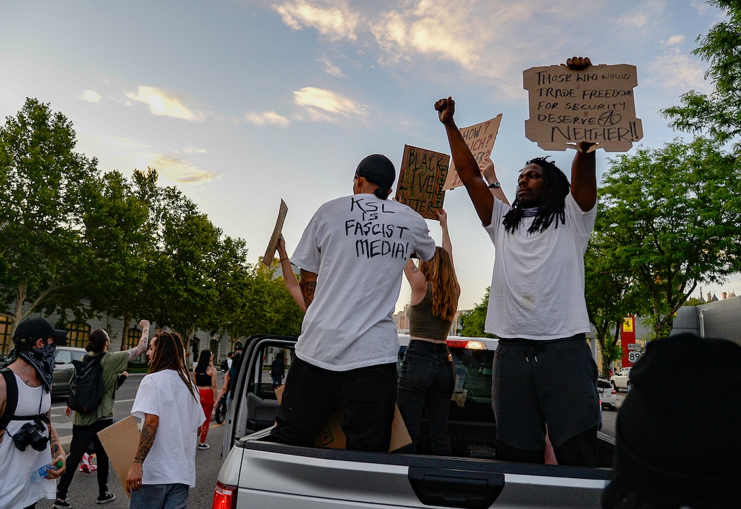 (Francisco Kjolseth  |  The Salt Lake Tribune) Demonstrators protest against police brutality on Tuesday, June 2, 2020, in downtown Salt Lake City, as an 8 p.m. weeklong curfew remains in order.