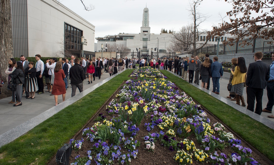 (Rick Egan  |  The Salt Lake Tribune)         LDS faithful make their way to the Conference Center, for the Saturday morning session of the188th Annual General Conference in Salt Lake City, Saturday, March 31, 2018