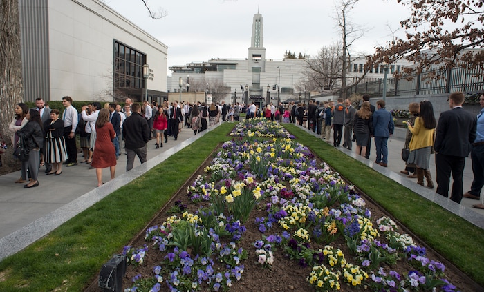 (Rick Egan  |  The Salt Lake Tribune)         LDS faithful make their way to the Conference Center, for the Saturday morning session of the188th Annual General Conference in Salt Lake City, Saturday, March 31, 2018