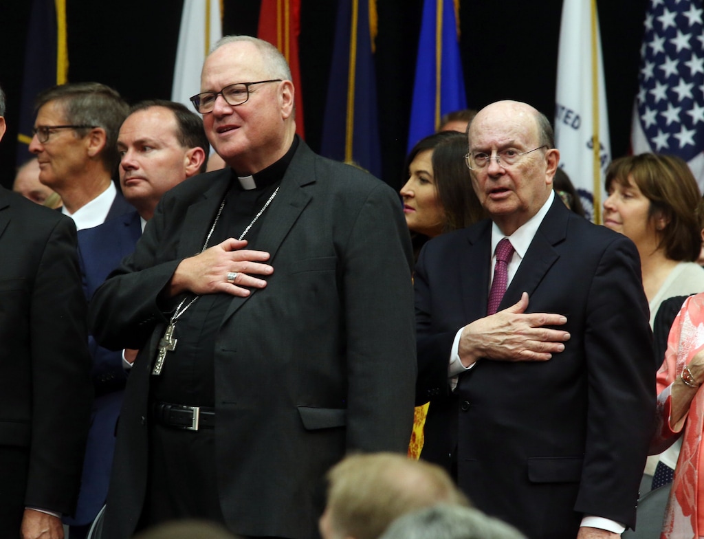 (Photo courtesy of The Church of Jesus Christ of Latter-day Saints) Cardinal Timothy Dolan, archbishop of New York, and Elder Quentin L. Cook, of the Quorum of the Twelve Apostles, at a patriotic service in Orem.