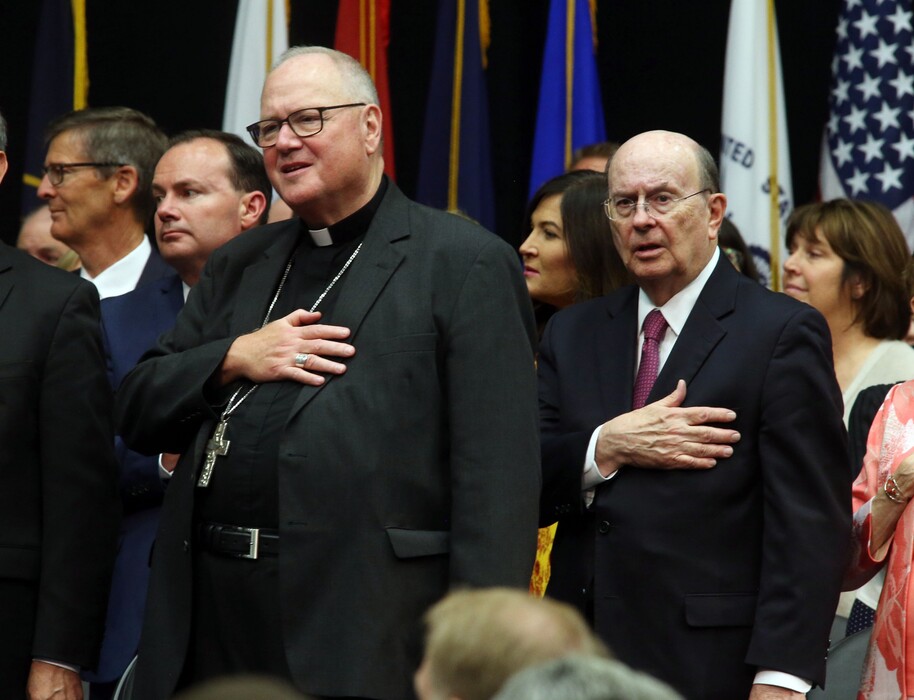 (Photo courtesy of The Church of Jesus Christ of Latter-day Saints) Cardinal Timothy Dolan, archbishop of New York, and Elder Quentin L. Cook, of the Quorum of the Twelve Apostles, at a patriotic service in Orem.