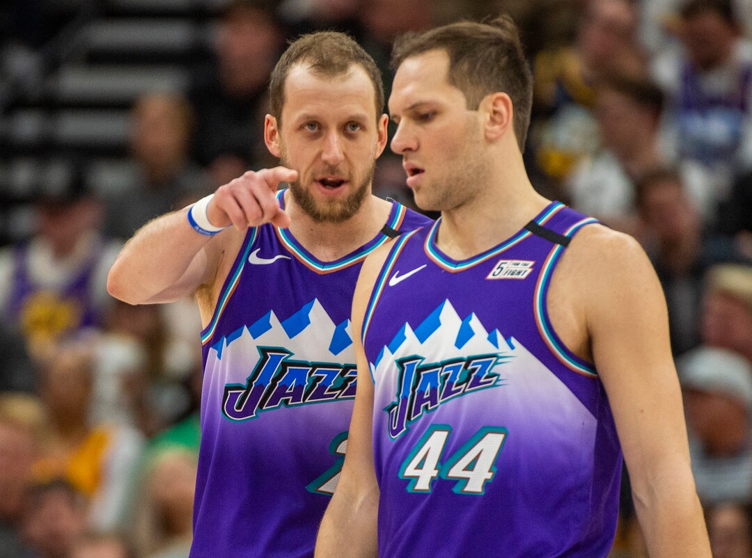 (Rick Egan  |  The Salt Lake Tribune)  Utah Jazz forward Joe Ingles (2) talks to Utah Jazz forward Bojan Bogdanovic (44) during a break in the action, in NBA action between the Utah Jazz and the New York Knicks, in Salt Lake City, Wednesday, Jan. 8, 2020.