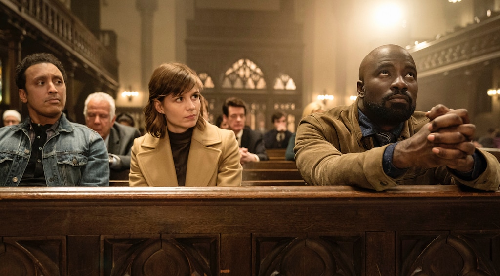 (Photo courtesy of Elizabeth Fisher/CBS)  Ben (Aasif Mandvi), left, Kristen (Katja Herbers) and David (Mike Colter) assess whether a pregnant woman is possessed when she claims one of the twins she's carrying is evil in the season finale of "Evil."