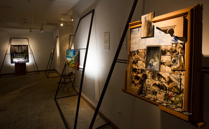 (Rick Egan  |  The Salt Lake Tribune)      The McDonald Windows, stained glass exhibit, "Remembered Light," which features fragments from World War II windows. The exhibit brought to Utah by the Salt Lake Interfaith Roundtable & the Peace Committee of the Utah District of Rotary International. The exhibit runs through Nov 17, at 175 South Main, in Salt Lake City. The exhibit runs through Nov 17, at 175 South Main, in Salt Lake City. Monday, Oct. 29, 2018.





