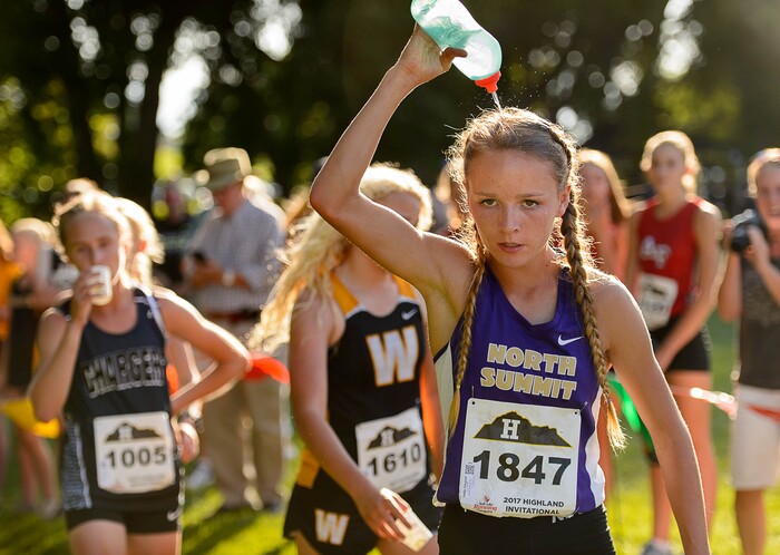(Trent Nelson  |  The Salt Lake Tribune)  North Summit runner Sadie Sargent cools down after taking first in the Highland Invitational high school cross country meet Thursday August 17, 2017. Sargent is by far the fastest runner in Class 2A. She owns the 2A state record for fastest time at the state meet for a freshman, sophomore and junior, and she'll try to make it four for four later this year.