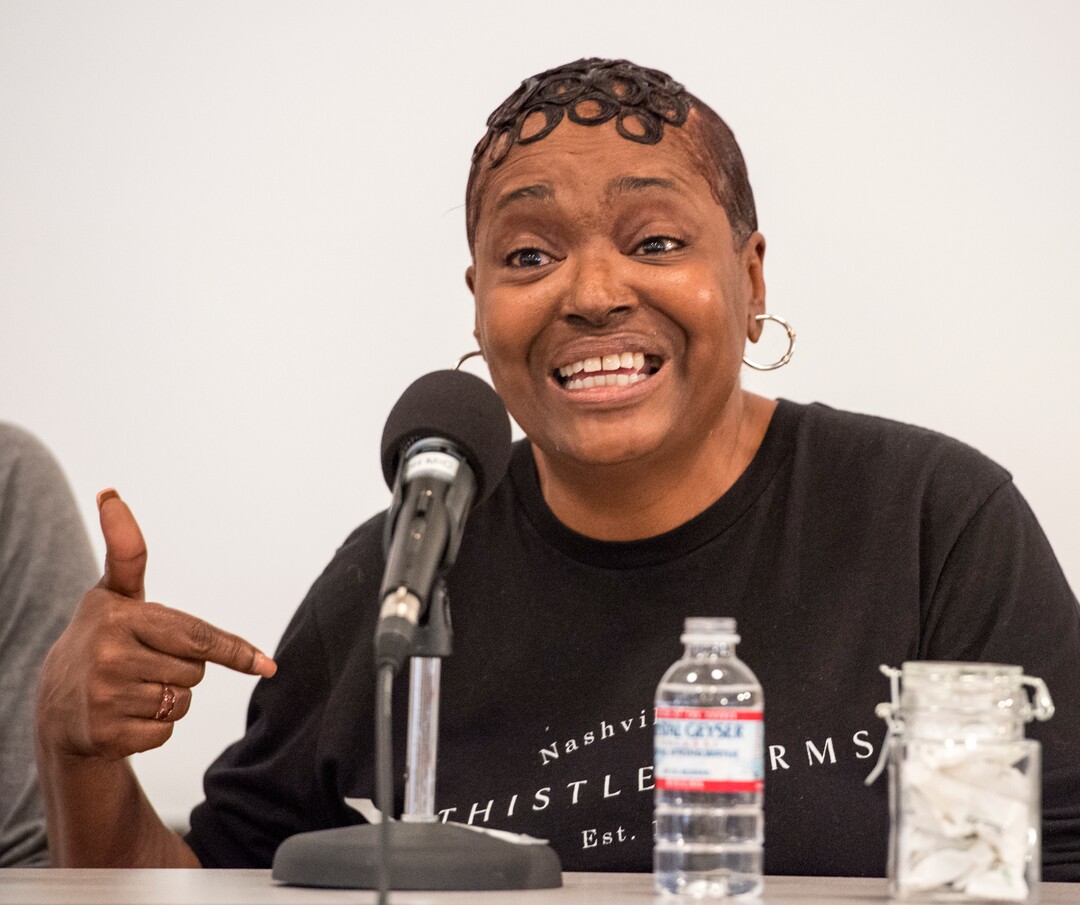 (Rick Egan  |  The Salt Lake Tribune)       Regina Mullins speaks as part of a survivors panel during the "Love Heals" forum on sex trafficking at St. Mark's Cathedral, Friday, March 23, 2018.