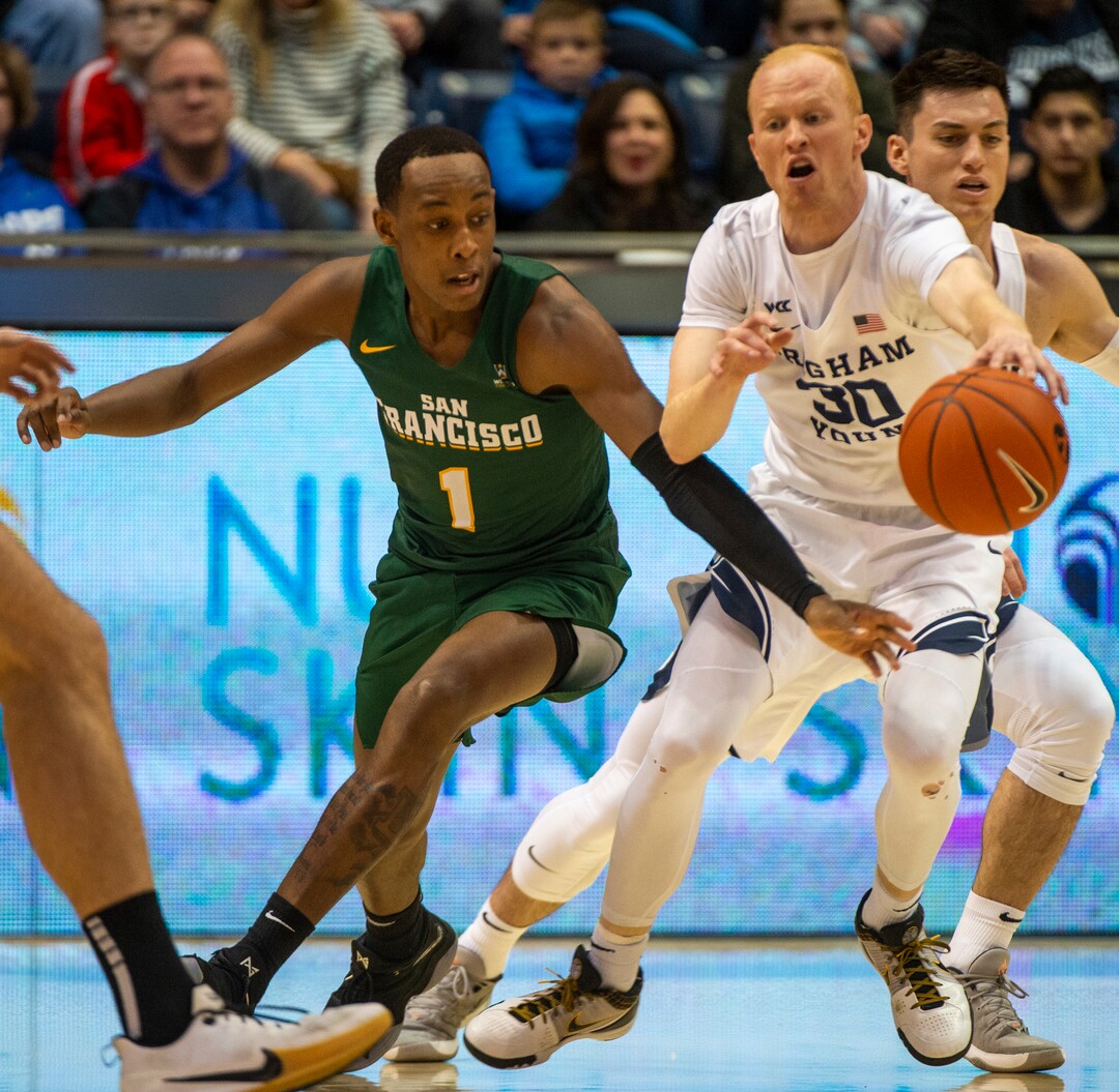 (Rick Egan  |  The Salt Lake Tribune)     San Francisco Dons guard Jamaree Bouyea (1) has the ball picked off by Brigham Young Cougars guard TJ Haws (30), in West Coast Conference basketball acton between the Brigham Young Cougars and the San Francisco Dons, at the Marriott Center, Saturday, Feb. 8, 2020.