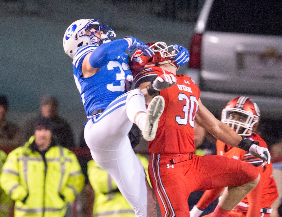 (Rick Egan  |  The Salt Lake Tribune) Utah Utes linebacker Cody Barton (30) defends on a pass in ended for Brigham Young Cougars tight end Dallin Holker (32), in football action between the Brigham Young Cougars and the Utah Utes, at Rice-Eccles Stadium, Saturday, November 24, 2018.