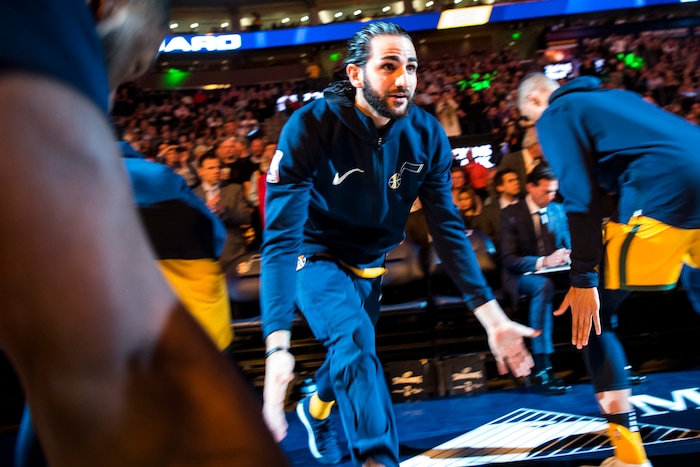 (Chris Detrick  |  The Salt Lake Tribune)  Utah Jazz guard Ricky Rubio (3) is introduced before the game at Vivint Smart Home Arena Thursday, March 15, 2018.