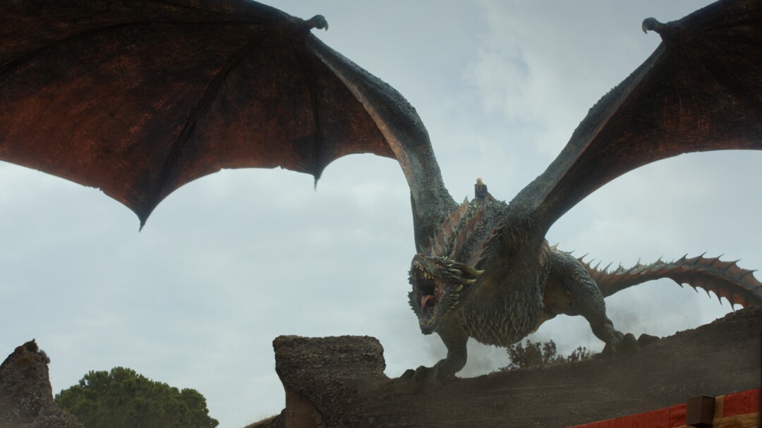 (Photo courtesy HBO) Daenerys Targaryen (Emilia Clark) arrives at Dragonpit astride Drogon in the seventh-season finale of “Game of Thrones,” titled “The Dragon and the Wolf.”