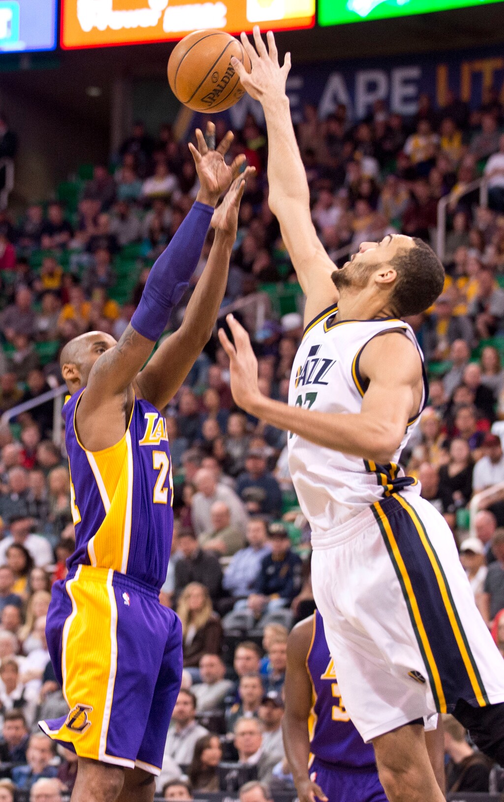 Lennie Mahler  |  The Salt Lake TribuneKobe Bryant is blocked by Rudy Gobert during a game at Vivint Smart Home Arena in Salt Lake City, Monday, March 28, 2016.