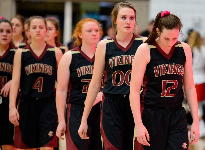 (Trent Nelson | The Salt Lake Tribune)  Viewmont players, led by Viewmont's Mercedes Staples (12), following the loss as East faces Viewmont in the 5A High School Girls' Basketball Tournament at SLCC in Taylorsville, Wednesday Feb. 21, 2018.