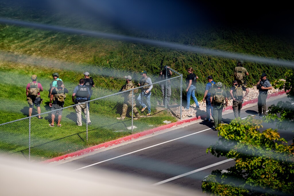 (Trent Nelson | The Salt Lake Tribune) Law enforcement conducts a search of the Utah Valley University campus in Orem after conservative commentator Charlie Kirk was shot during an event on Wednesday, Sept. 10, 2025.