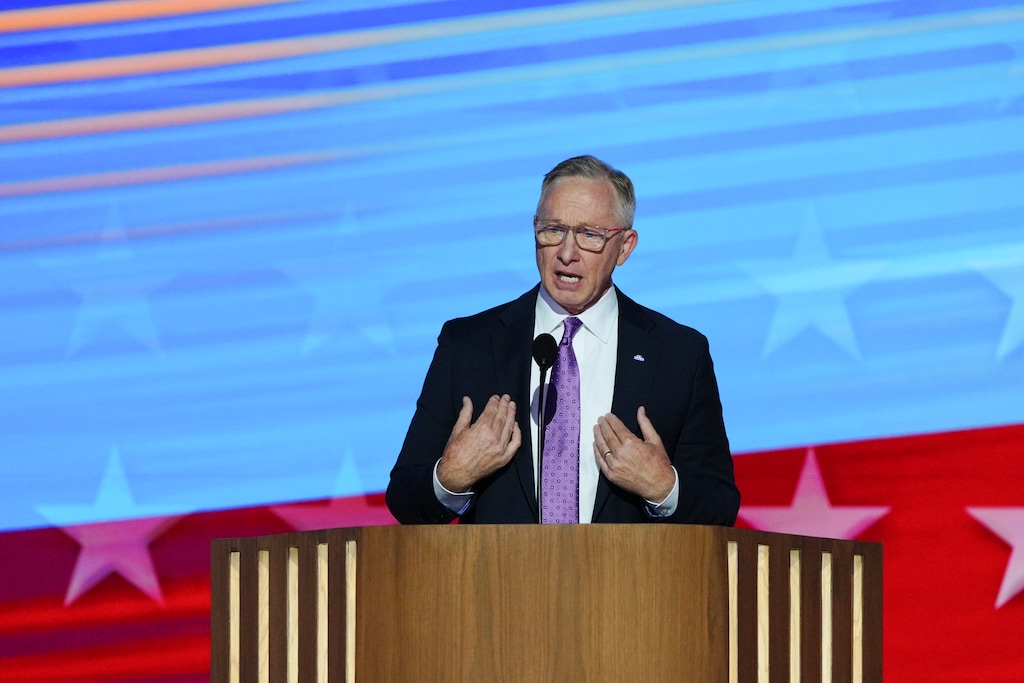 (Ruth Fremson | The New York Times) John Giles, mayor of Mesa, Arizona, speaks on the second day of the Democratic National Convention at the United Center, in Chicago, on Tuesday, Aug. 20, 2024.