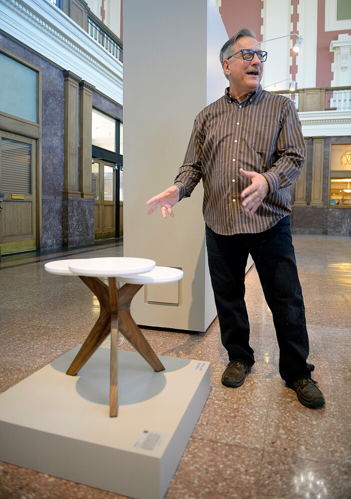 (Chris Samuels | The Salt Lake Tribune) David Evett shows his Lily Table design at a showcase for Utah Design Arts at the Rio Grande Depot in Salt Lake City, Sept. 12, 2019.