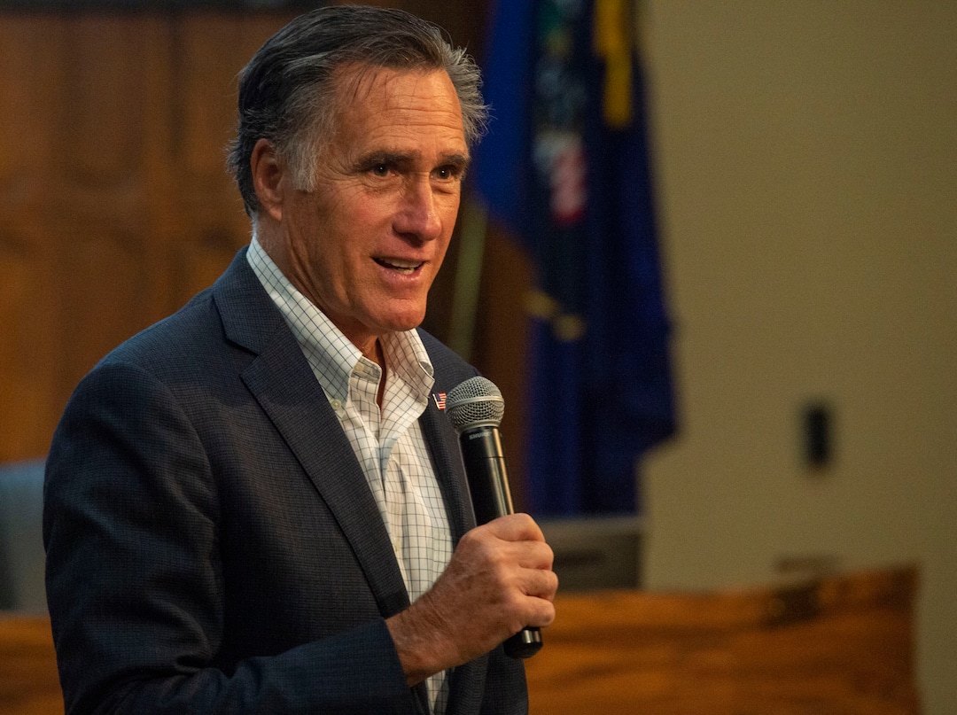 (Rick Egan  |  The Salt Lake Tribune)       Mitt Romney speaks during a town hall meeting at the Provo City Hall Council Chambers, Friday, June 21, 2019.
