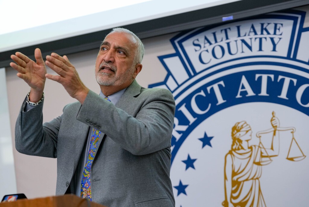 (Francisco Kjolseth | The Salt Lake Tribune) Salt Lake County District Attorney Sim Gill discusses a police video depicting the fatal 2021 police shooting of Willie Salazar during a news conference in Salt Lake City on Thursday, Jan. 12, 2023.