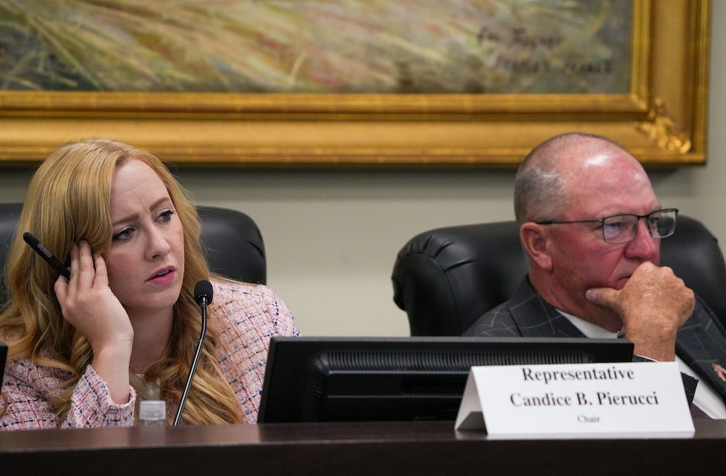 (Chris Samuels | The Salt Lake Tribune) Rep. Candice Pierucci, R-Riverton, left, and Sen. Scott Sandal, R-Tremonton, listen during a meeting of the Legislative Redistricting Committee at the Capitol in Salt Lake City, Wednesday, Sept. 24, 2025.
