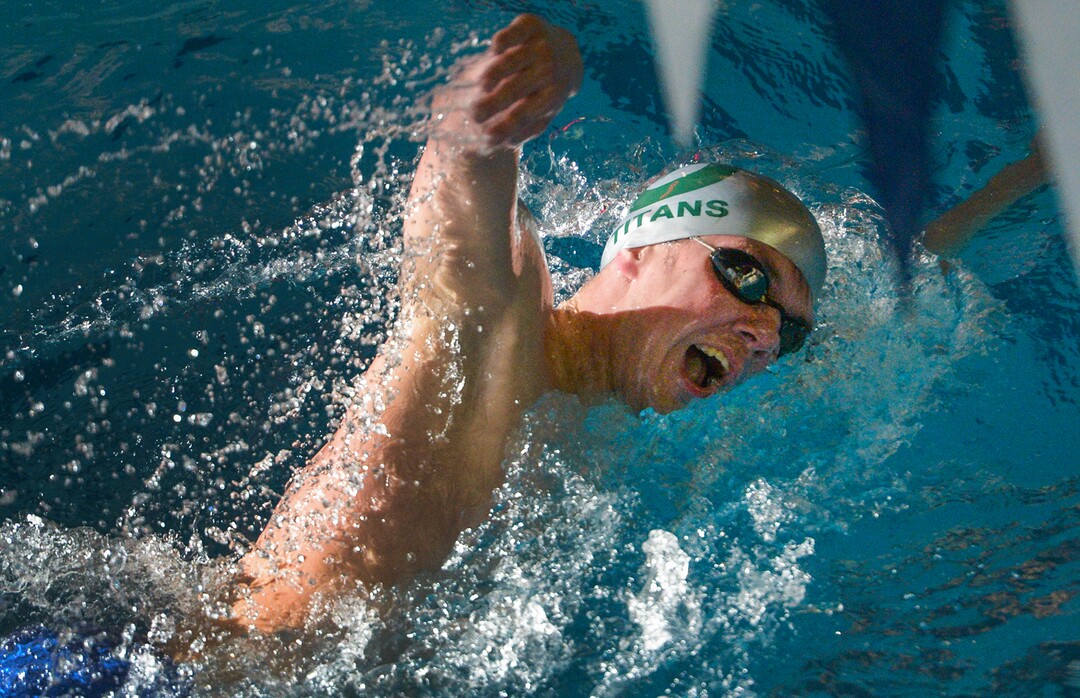 (Leah Hogsten  |  The Salt Lake Tribune)  Olympus High School's Blake Goodwill wins his 500 yard freestyle heat with a time of 4:56.55 at the Class 5A State Championships in Bountiful, Saturday, February 10, 2018. 