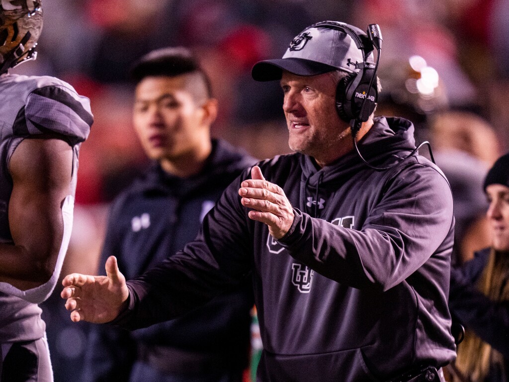 (Rick Egan | The Salt Lake Tribune) Utah Utes head coach Kyle Whittingham cheers as the Utes pull a head of Oregon in the 4th quarter, in PAC-12 action between the Utah Utes and the Oregon Ducks, at Rice-Eccles Stadium in Salt Lake City, on Saturday, Nov. 20, 2021.