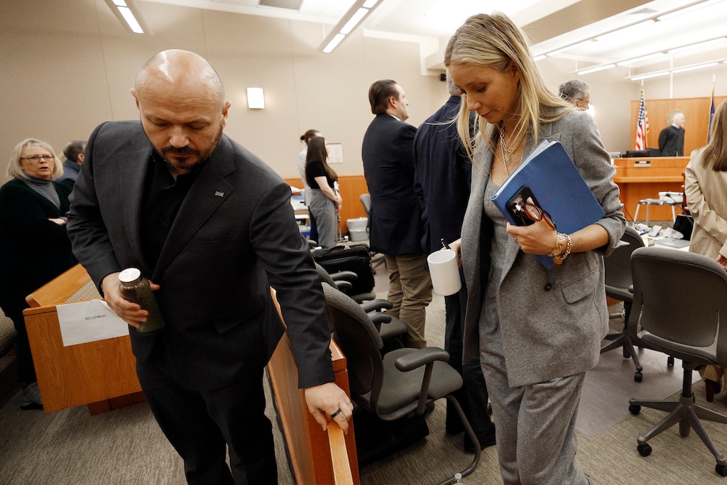 (Jeff Swinger | AP Photo) Gwyneth Paltrow exits the court for a lunch break on Thursday, March 23, 2023, in Park City, Utah. Terry Sanderson is suing Paltrow for $300,000, claiming she recklessly crashed into him while the two were skiing on a beginner run at Deer Valley Resort in Park City, Utah in 2016.