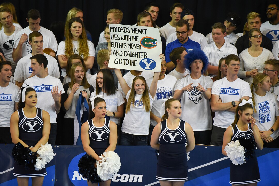 (Francisco Kjolseth  |  The Salt Lake Tribune)  A young fan gives a little insight into her family dynamic as BYU meets Florida in their NCAA Tournament Round of 16 match at Smith Fieldhouse, Friday, Dec. 7, 2018.